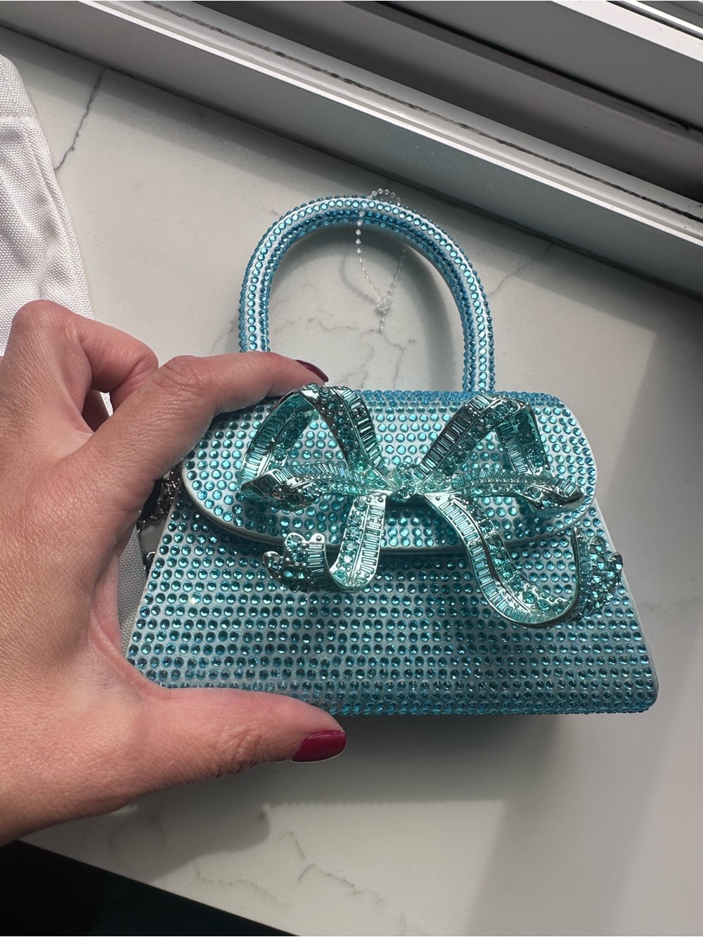 Self-Portrait Crystal Bow Mini Top-Handle Bag in Aqua Blue